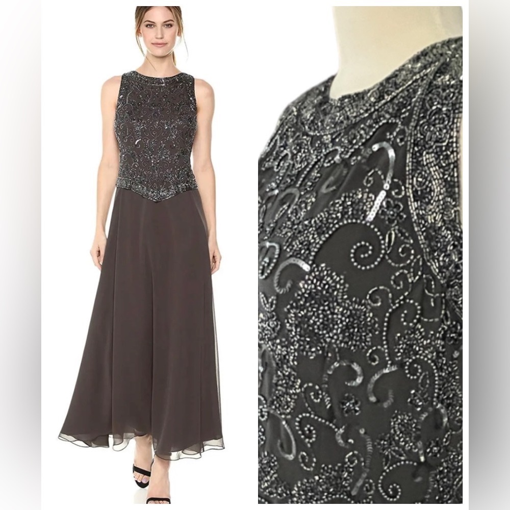 J Kara Beaded Black and Silver Maxi Dress